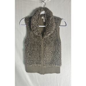 Y2K Cozy Faux Fur Womens Small Knit Vest Zip Front Neutral Layering Comfy Chic
